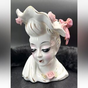 Vintage Glamour Girl Head Vase / Planter Pink Roses & Bows with Gold Accents